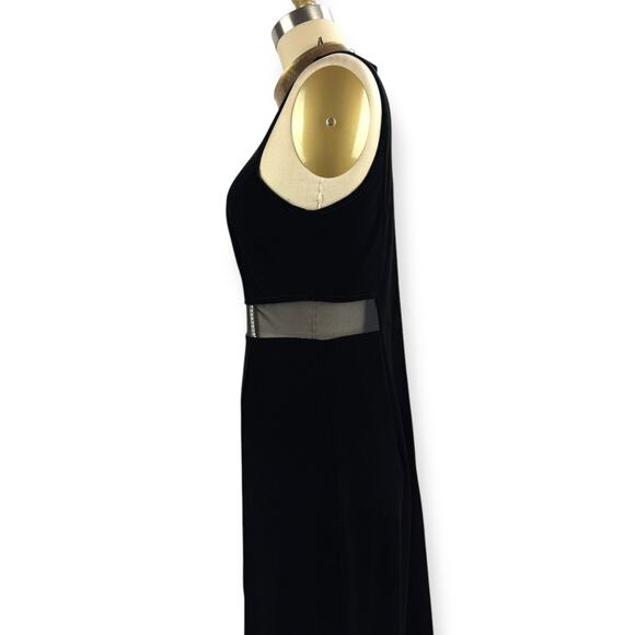 90's sexy black velvet long fitted dress with high slit and mesh crystal trim - Picture 13 of 16